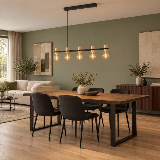 Eglo chieveley lampadario industriale per cucina nero legno a sospensione 5 luci