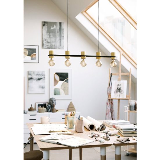 Eglo chieveley lampadario industriale per cucina nero legno a sospensione 5 luci