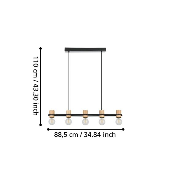 Eglo chieveley lampadario industriale per cucina nero legno a sospensione 5 luci
