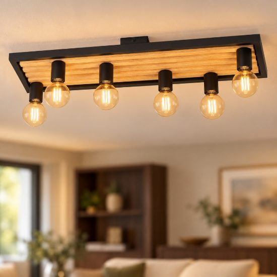 Eglo consett plafoniera 78cm lineare industriale nero marrone legno