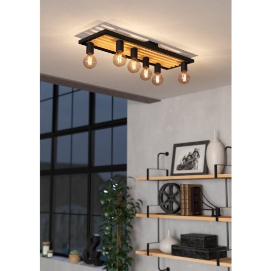 Eglo consett plafoniera 78cm lineare industriale nero marrone legno