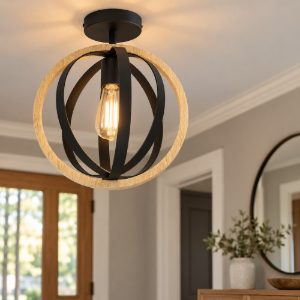Eglo basildon plafoniera moderna sferica nero e marrone legno 38cm