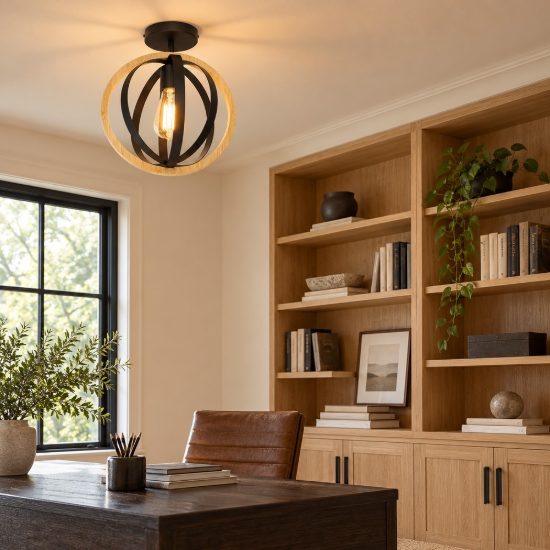 Eglo basildon plafoniera moderna sferica nero e marrone legno 38cm