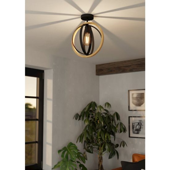 Eglo basildon plafoniera moderna sferica nero e marrone legno 38cm