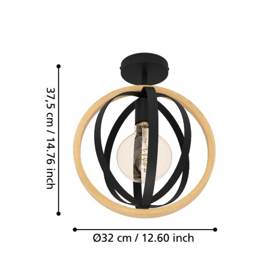 Eglo basildon plafoniera moderna sferica nero e marrone legno 38cm
