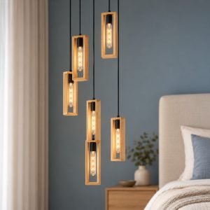 Eglo littleton lampadario moderno per soggiorno nero legno a sospensione 6 luci
