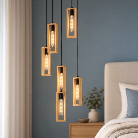 Eglo littleton lampadario moderno per soggiorno nero legno a sospensione 6 luci