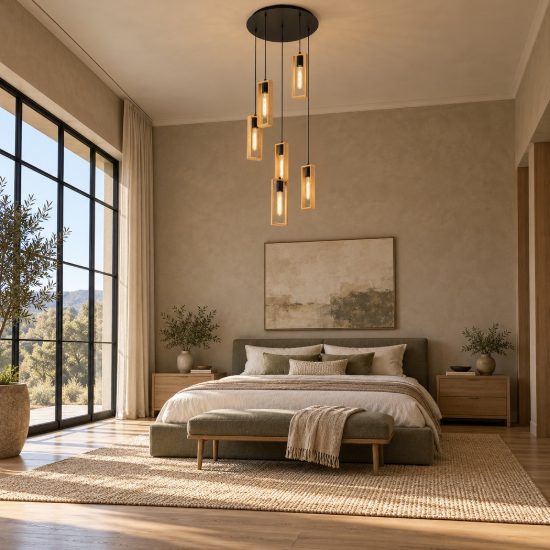 Eglo littleton lampadario moderno per soggiorno nero legno a sospensione 6 luci
