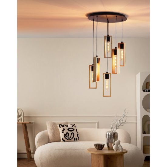 Eglo littleton lampadario moderno per soggiorno nero legno a sospensione 6 luci