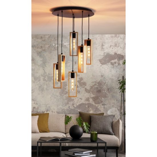 Eglo littleton lampadario moderno per soggiorno nero legno a sospensione 6 luci