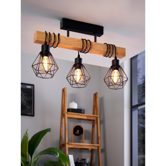 Eglo townshend 5 plafoniera industrial rettangolare nero e marrone legno 55cm