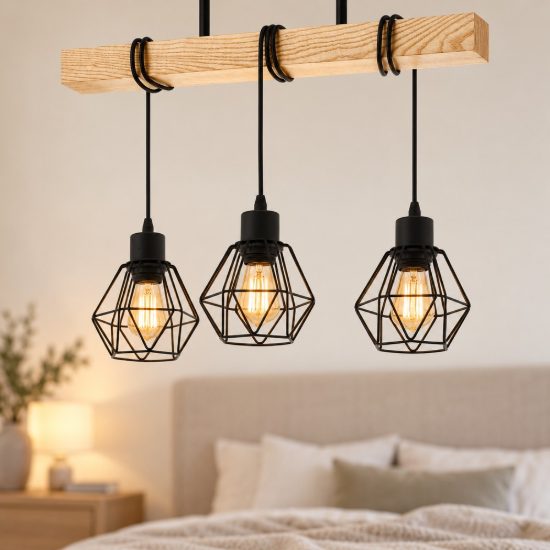 Eglo townshend 5 plafoniera industrial rettangolare nero e marrone legno 55cm