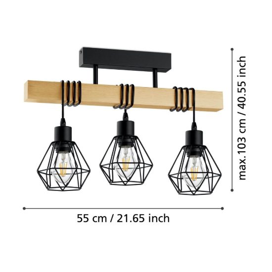 Eglo townshend 5 plafoniera industrial rettangolare nero e marrone legno 55cm