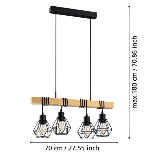 Eglo townshend 5 lampadario a sospensione nero e marrone per soggiorno 4 luci