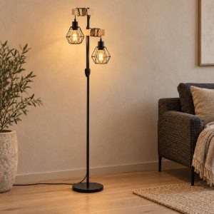 Eglo townshend 5 piantana industriale esagonale nero e marrone legno per soggiorno