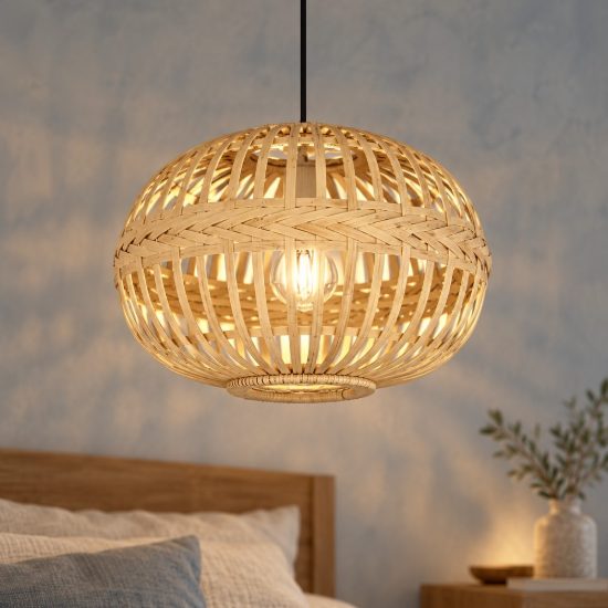 Eglo amsfield lampadario a sospensione per camera da letto marrone legno