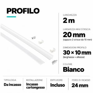 Gea luce profilo da incasso bianco 2mt per strip led max 20mm