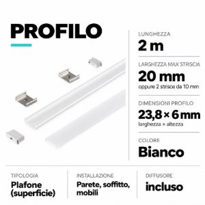 Profilo plafone bianco 2mt per strip led max 20mm gea luce