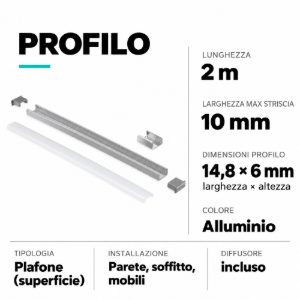 Profilo alluminio 2mt per strip led max 10mm gea luce