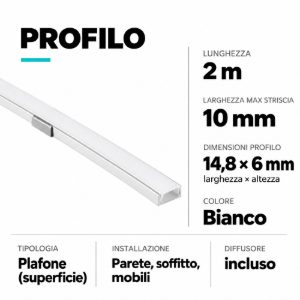 Gea luce profilo plafone bianco 2mt per strip led max 10mm
