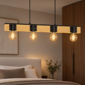 Eglo bailrigg lampadario a sospensione lineare nero e marrone per soggiorno 4 luci 90cm