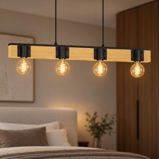Eglo bailrigg lampadario a sospensione lineare nero e marrone per soggiorno 4 luci 90cm