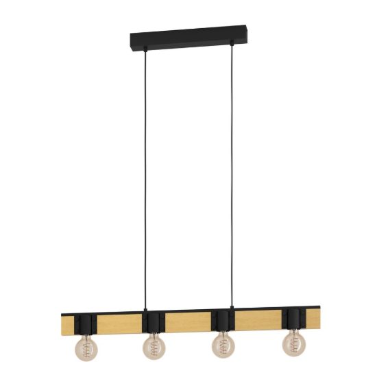 Eglo bailrigg lampadario a sospensione lineare nero e marrone per soggiorno 4 luci 90cm
