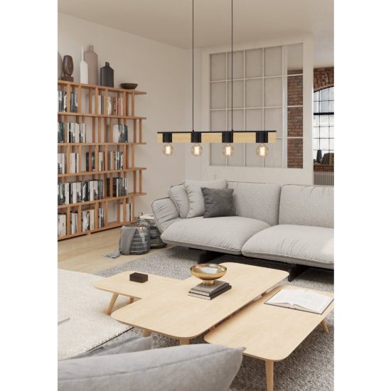 Eglo bailrigg lampadario a sospensione lineare nero e marrone per soggiorno 4 luci 90cm