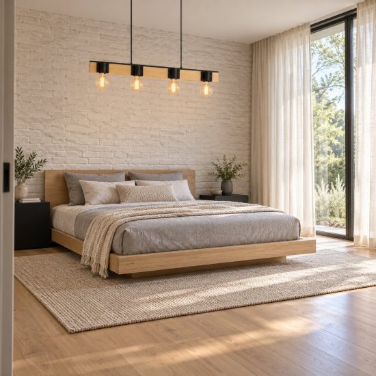 Eglo bailrigg lampadario a sospensione lineare nero e marrone per soggiorno 4 luci 90cm