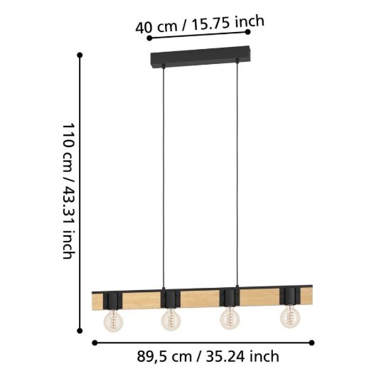 Eglo bailrigg lampadario a sospensione lineare nero e marrone per soggiorno 4 luci 90cm