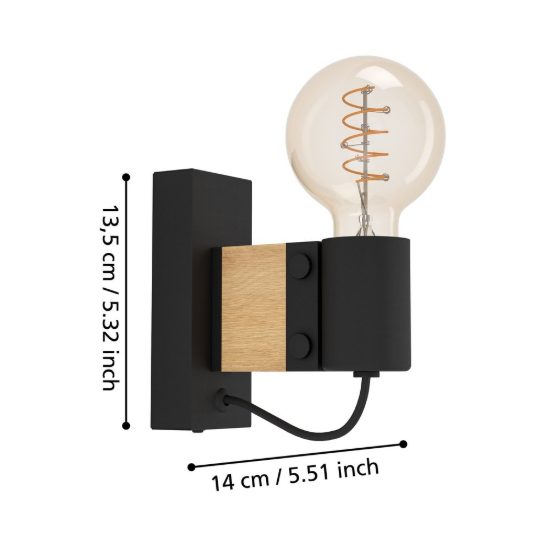 Eglo bailrigg applique da parete industriale rettangolare nero marrone per camera da letto 6cm