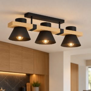 Eglo maccles plafoniera con faretti per soggiorno nero marrone legno 78cm