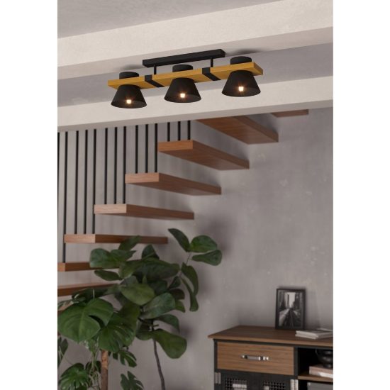 Eglo maccles plafoniera con faretti per soggiorno nero marrone legno 78cm