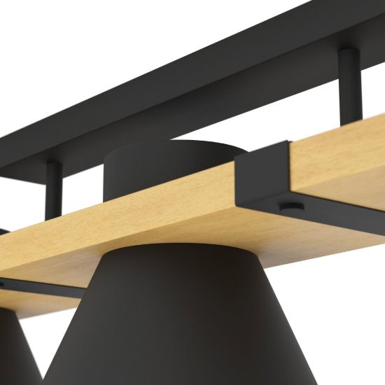 Eglo maccles plafoniera con faretti per soggiorno nero marrone legno 78cm