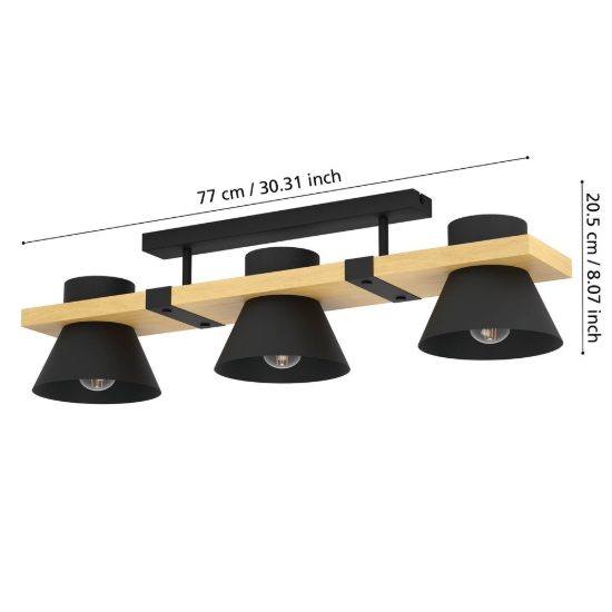Eglo maccles plafoniera con faretti per soggiorno nero marrone legno 78cm