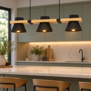 Eglo maccles lampadario a sospensione lineare nero e marrone per cucina 3 luci 78cm