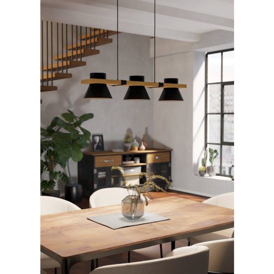 Eglo maccles lampadario a sospensione lineare nero e marrone per cucina 3 luci 78cm
