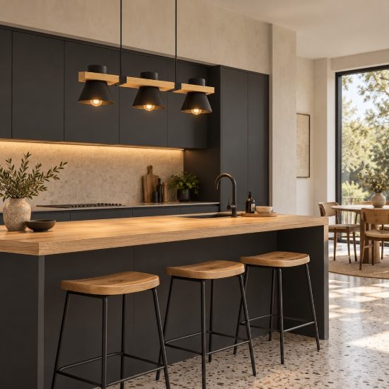 Eglo maccles lampadario a sospensione lineare nero e marrone per cucina 3 luci 78cm