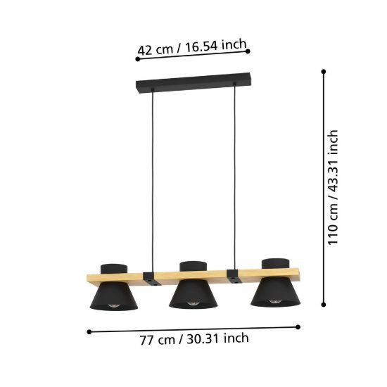Eglo maccles lampadario a sospensione lineare nero e marrone per cucina 3 luci 78cm