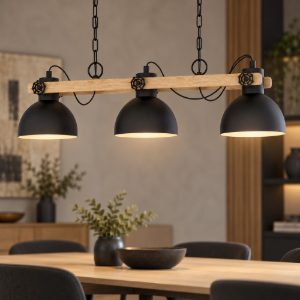 Eglo lubenham lampadario a sospensione nero e marrone per cucina 3 luci