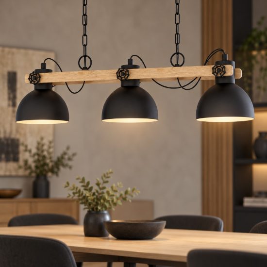 Eglo lubenham lampadario a sospensione nero e marrone per cucina 3 luci