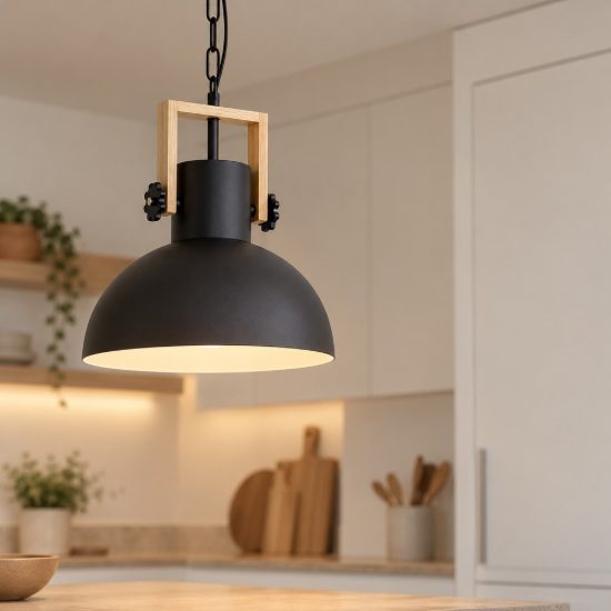 Eglo lubenham lampadario a sospensione cupola industriale nero marrone legno per ingresso