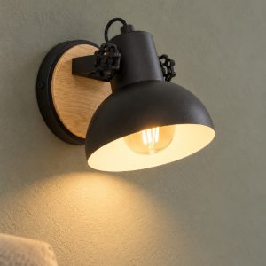 Eglo lubenham applique da parete nero e marrone legno per soggiorno 18cm