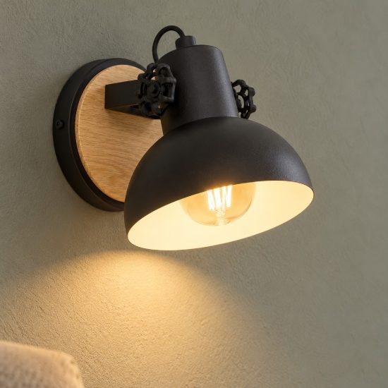 Eglo lubenham applique da parete nero e marrone legno per soggiorno 18cm