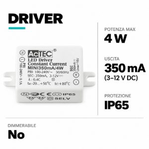 Driver led 4w 350ma non dimmerabile 100-240v ac 50-60hz output: 3-12 vdc