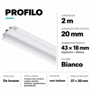 Profilo alluminio 2mt bianco da incasso per strip led max 20mm
