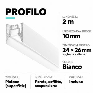 Profilo 2mt plafone bianco bucarest p gea luce per strip max 10mm