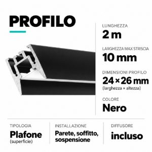 Profilo 2mt plafone nero bucarest p gea luce per strip max 10mm