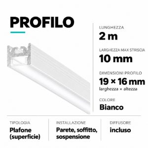 Riga g profilo 2mt bianco per strisce led max 10mm gea luce