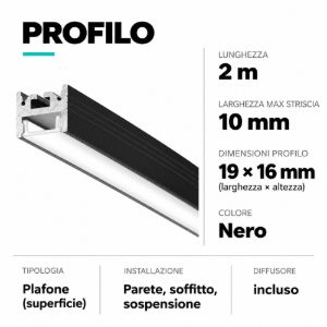 Profilo 2mt nero riga g per strip led max 10mm gea luce
